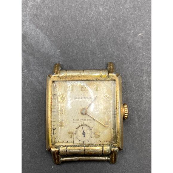 Benrus Vintage 17 Jewel s Square Fancy Tank Style Wristwatch Gold Dial No Band main image 3